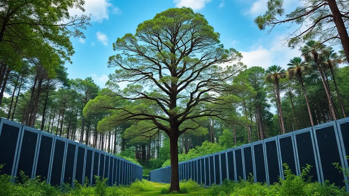 AI-generated editorial illustration for: If a data center is camouflaged in the woods, will anyone hate it?